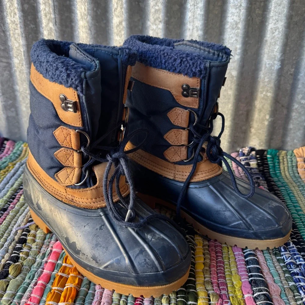Eddie Bauer Mens Duck Boots Navy Blue Tan Leather Rubber Winter Snow Boots 8M
